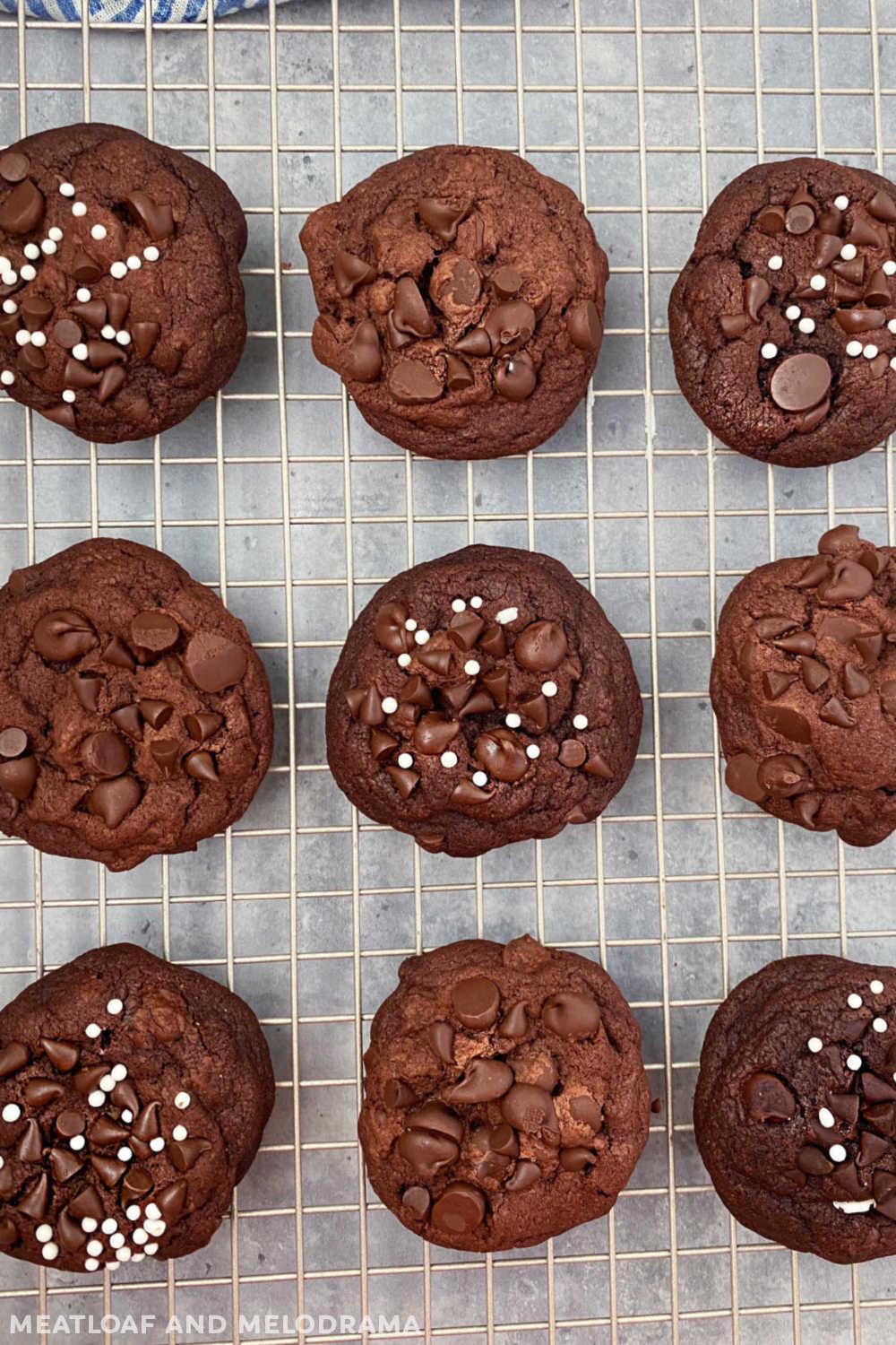 chocolate cookies with cocoa powder and chocolate morsels on baking rack