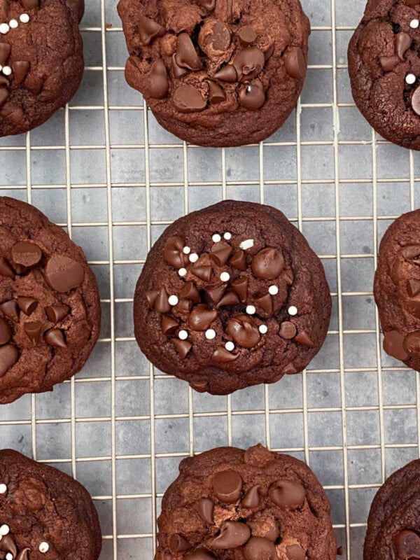 double chocolate chip cookies with cocoa powder and chocolate morsels on cookie rack