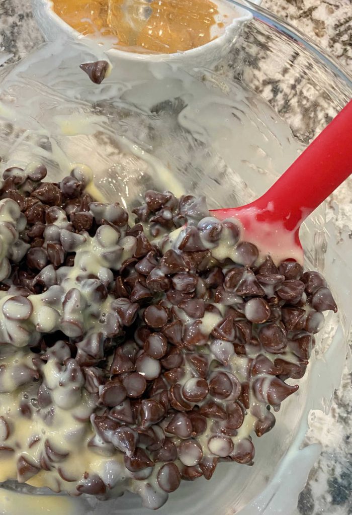 stir melted chocolate chips and condensed milk in mixing bowl