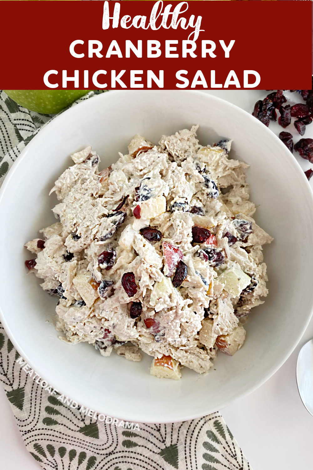 Cranberry Chicken Salad with Apples is loaded with tender chicken, crisp apples and tart dried cranberries in a light creamy dressing. Enjoy this healthy chicken salad recipe in wraps, sandwiches or straight out of the bowl for a light lunch or dinner! via @meamel