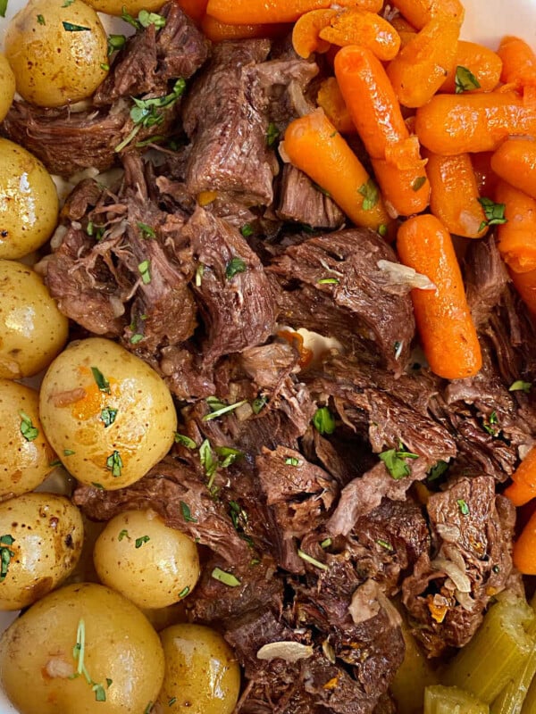 instant pot pot roast with onion soup mix carrots and potatoes on a platter