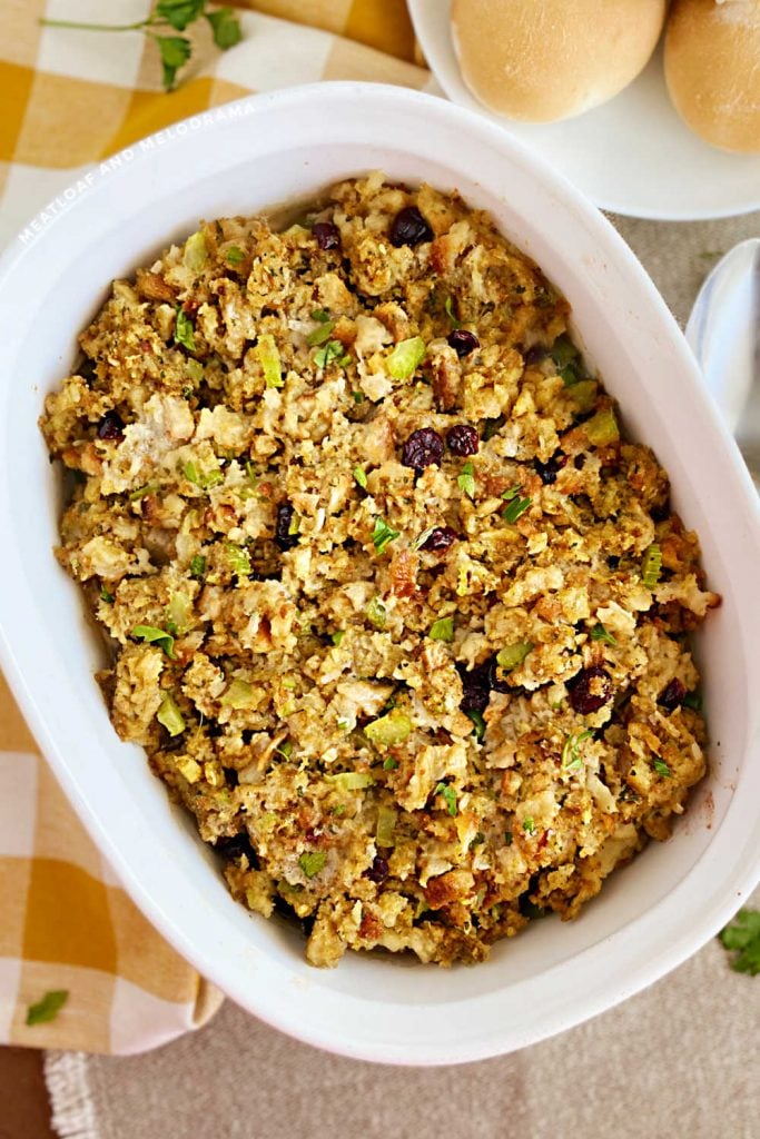 leftover turkey stuffing casserole with cranberries on the table