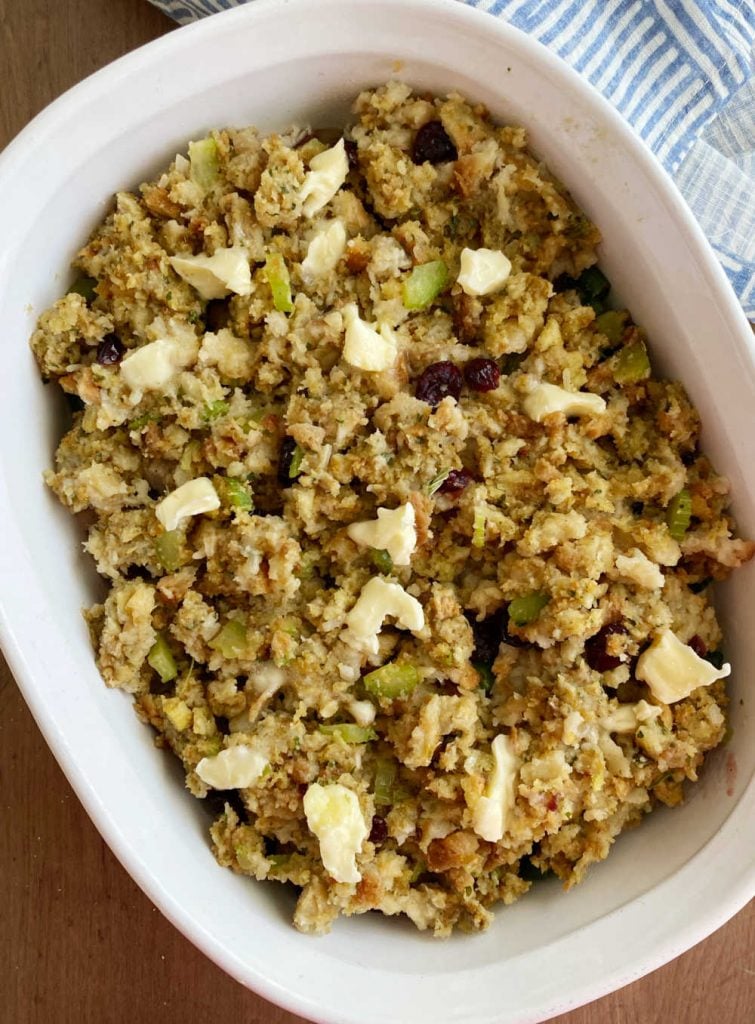 stuffing in casserole dish with butter on top