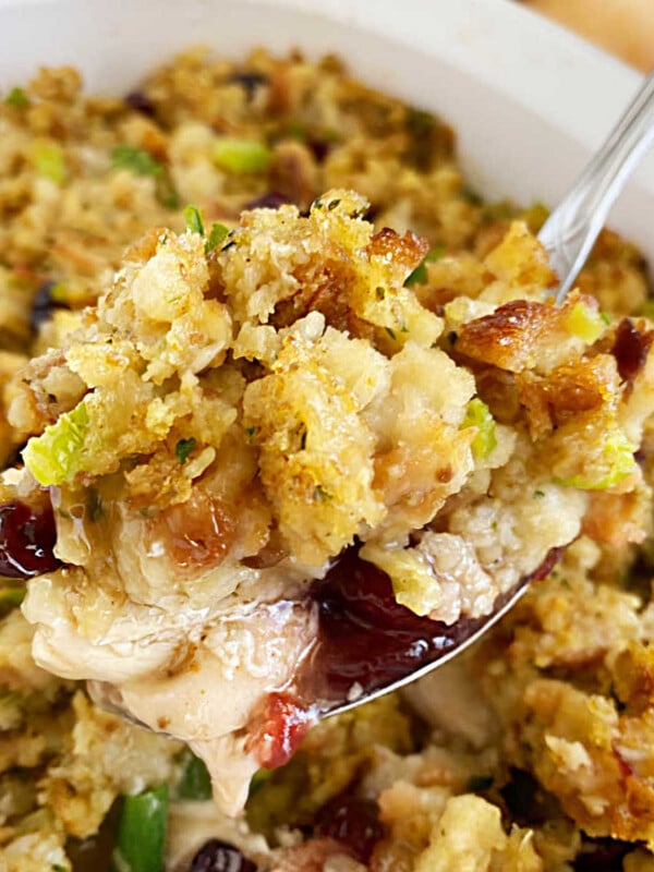 leftover turkey stuffing casserole with cranberry sauce on a serving spoon