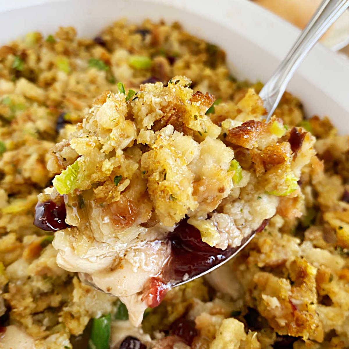 leftover turkey stuffing casserole with cranberry sauce on a serving spoon