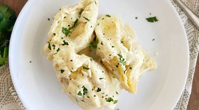 chicken Alfredo stuffed shells with parsley on a white plate