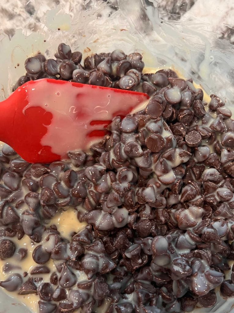 microwave and mix chocolate chips and sweetened condensed milk