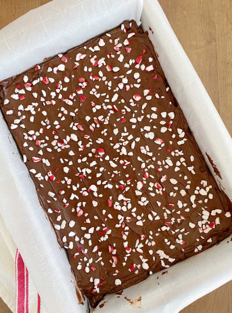 fudgy frosted brownies with crushed candy canes in baking pan