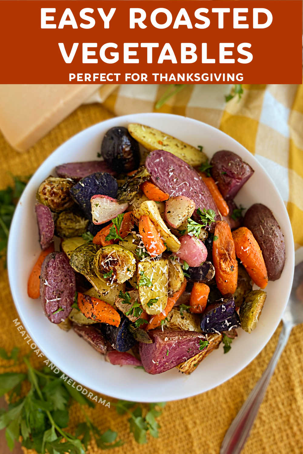 Easy Roasted Vegetables are the perfect side dish for Thanksgiving. Root vegetables are easy to prepare and take 30 minutes to bake. This healthy side dish is a delicious addition to your Thanksgiving table and simple enough for a weeknight meal. via @meamel
