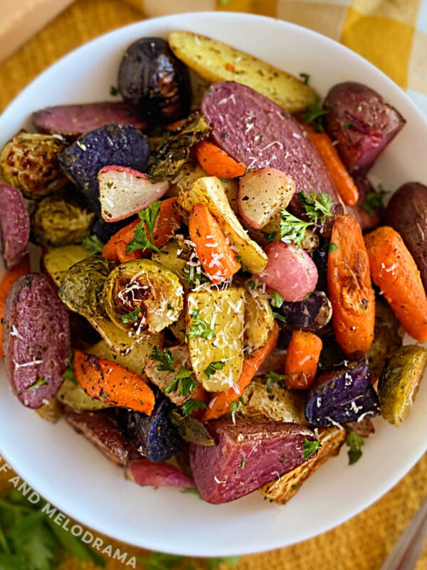 bowl of roasted vegetables on Thanksgiving table