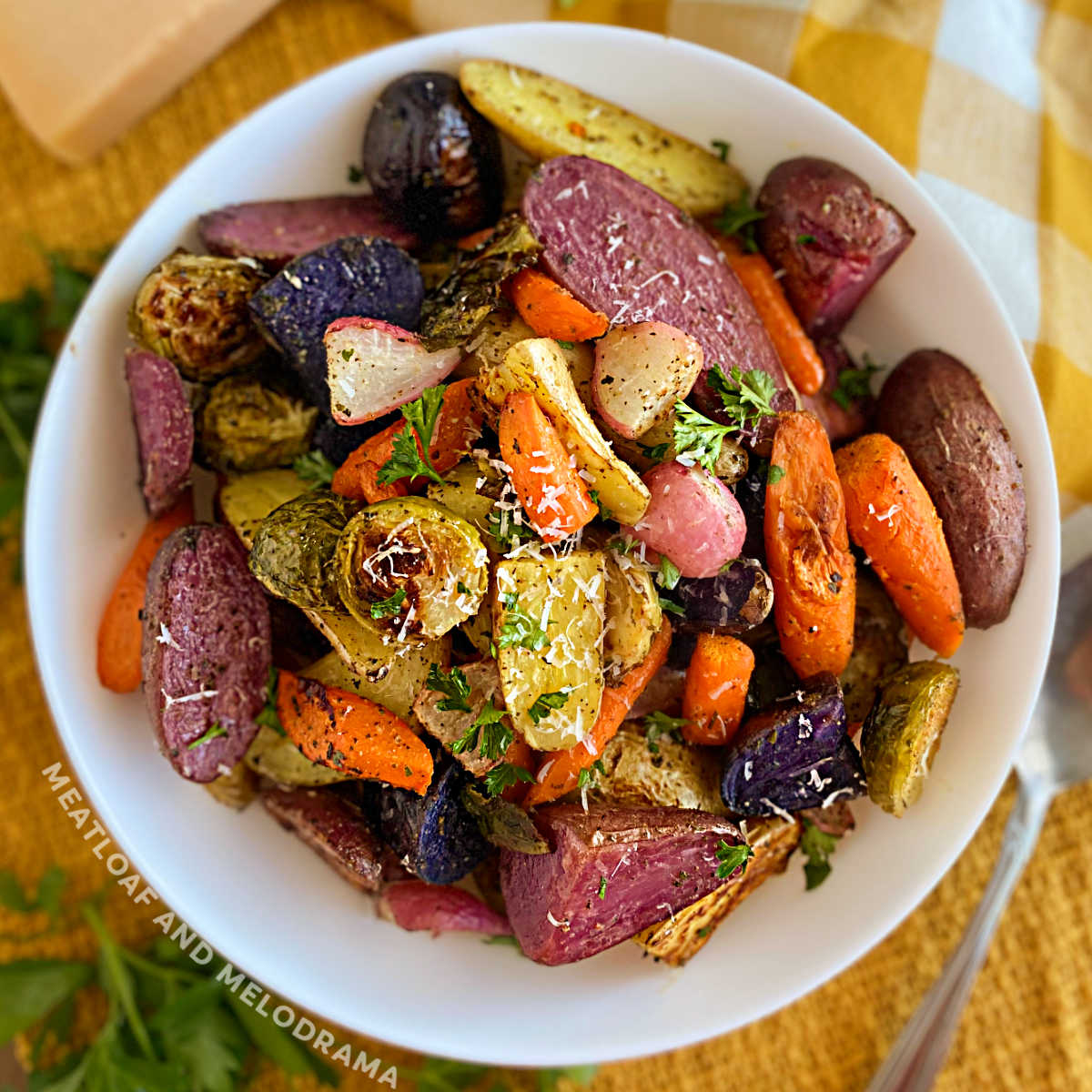 bowl of roasted vegetables on Thanksgiving table