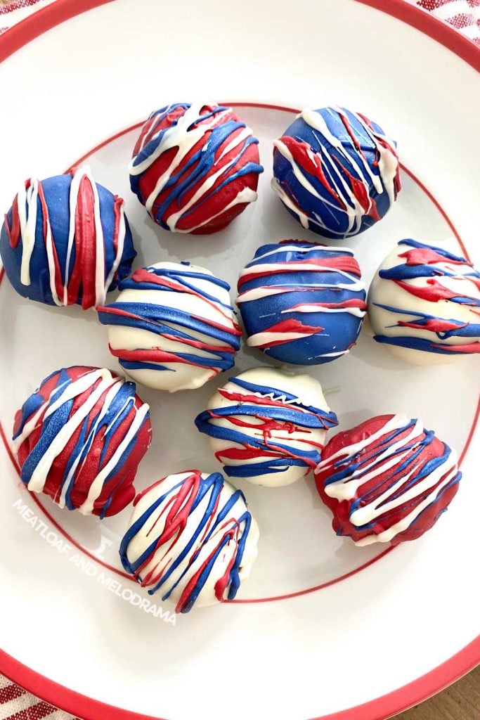 red white and blue Oreo truffles on plate