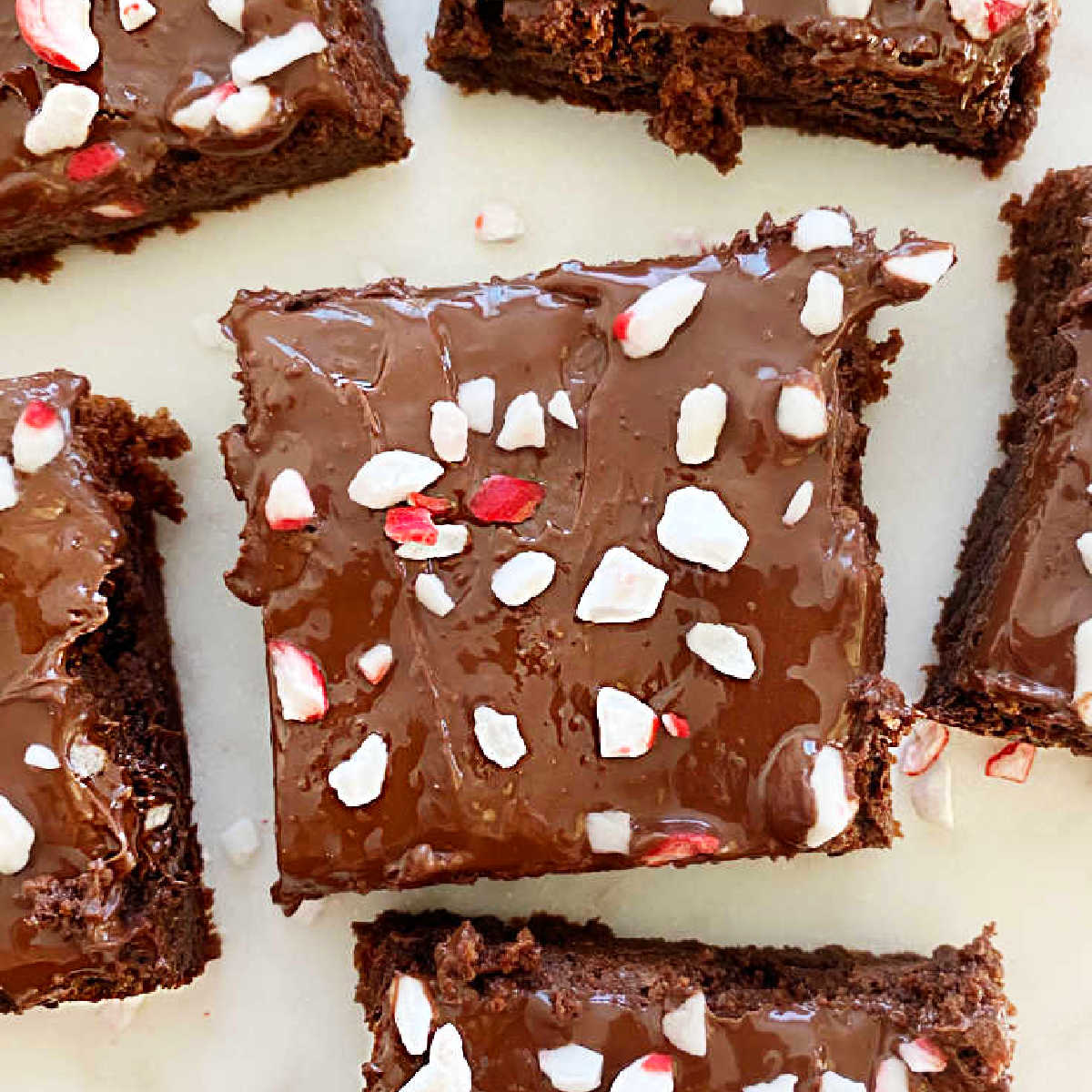 peppermint brownies with chocolate frosting and crushed candy canes