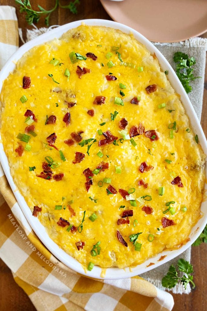 twice baked mashed potatoes casserole on the table