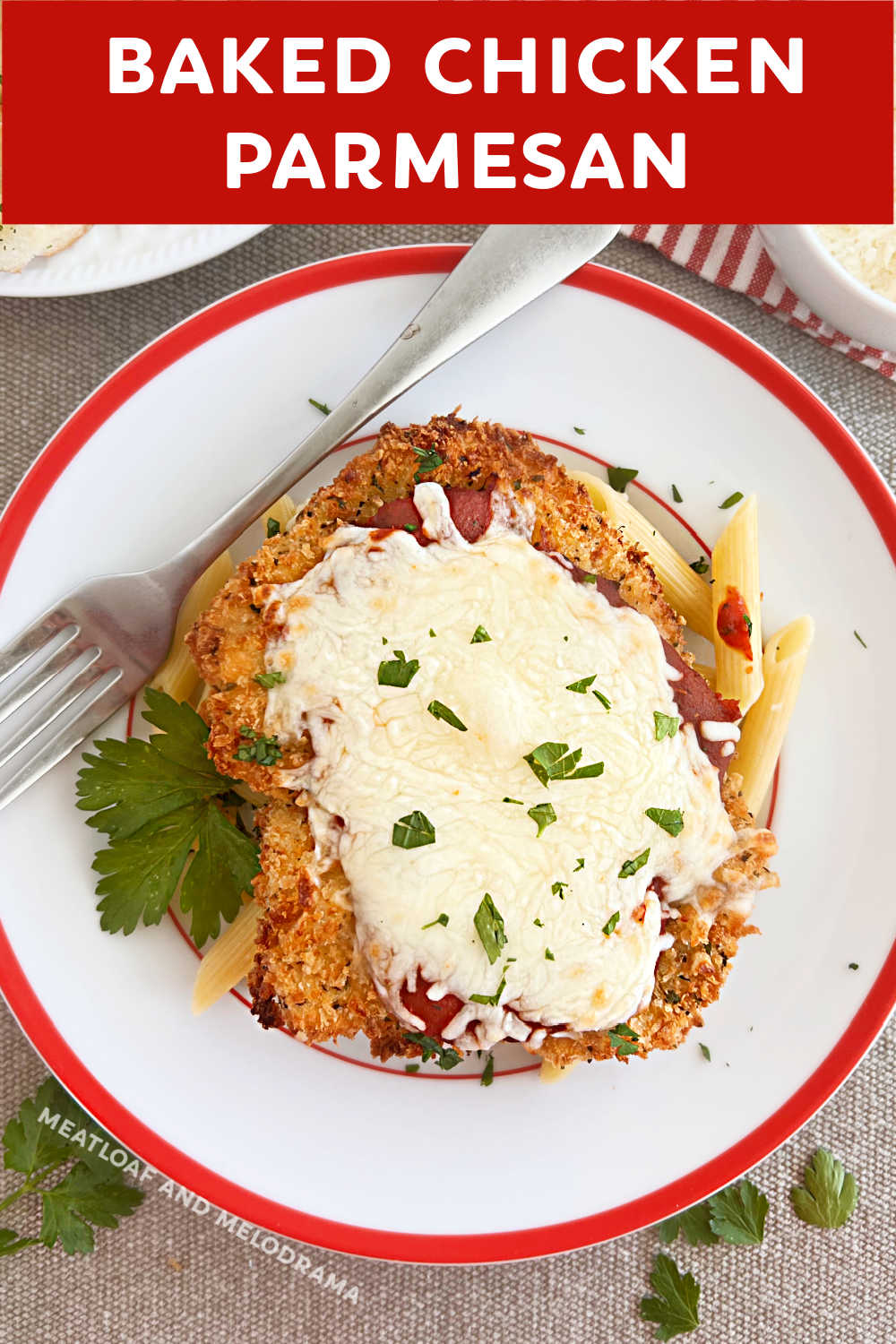 This Easy Baked Chicken Parmesan Recipe has a crispy panko bread crumbs Parmesan cheese coating topped with marinara sauce and melted mozzarella cheese. Serve this chicken Parm recipe with penne pasta for an easy weeknight meal the whole family will love! via @meamel