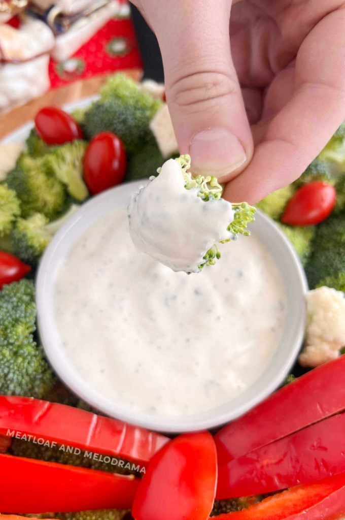 hand holding broccoli dipped in ranch dressing