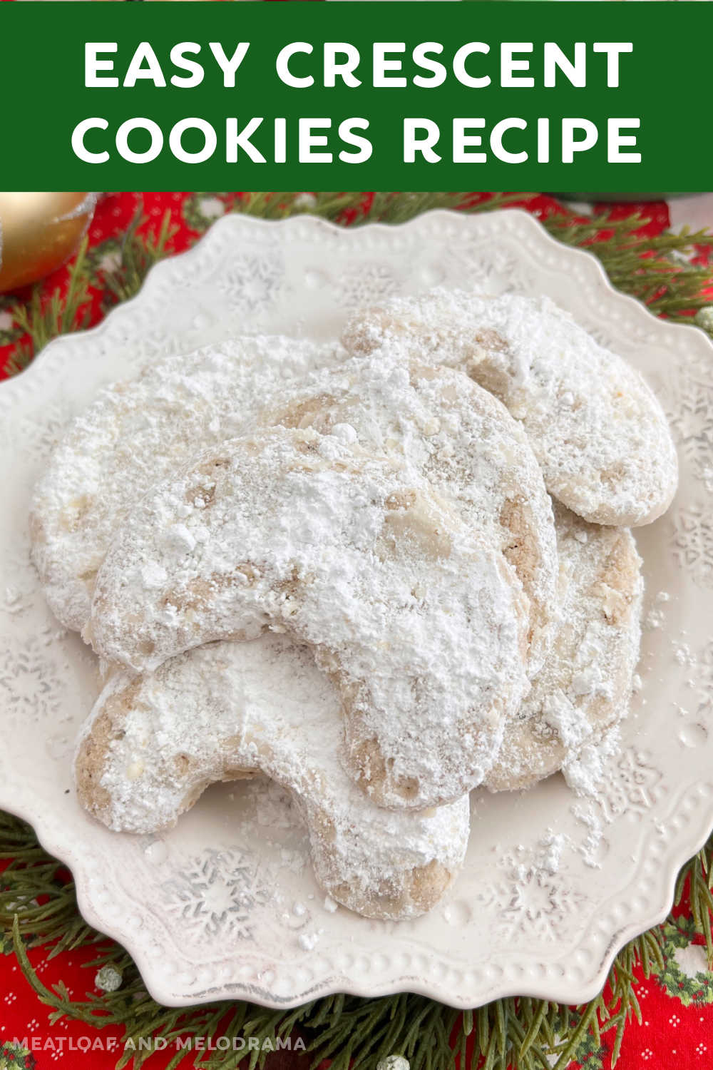 This Easy Crescent Cookies recipe with walnuts and powdered sugar makes delicious crescent shape Christmas cookies that melt in your mouth. Enjoy these traditional cookies throughout the holiday season! via @meamel