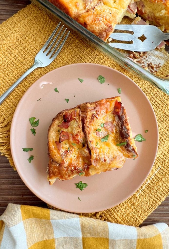 overhead view of ham strata on a plate