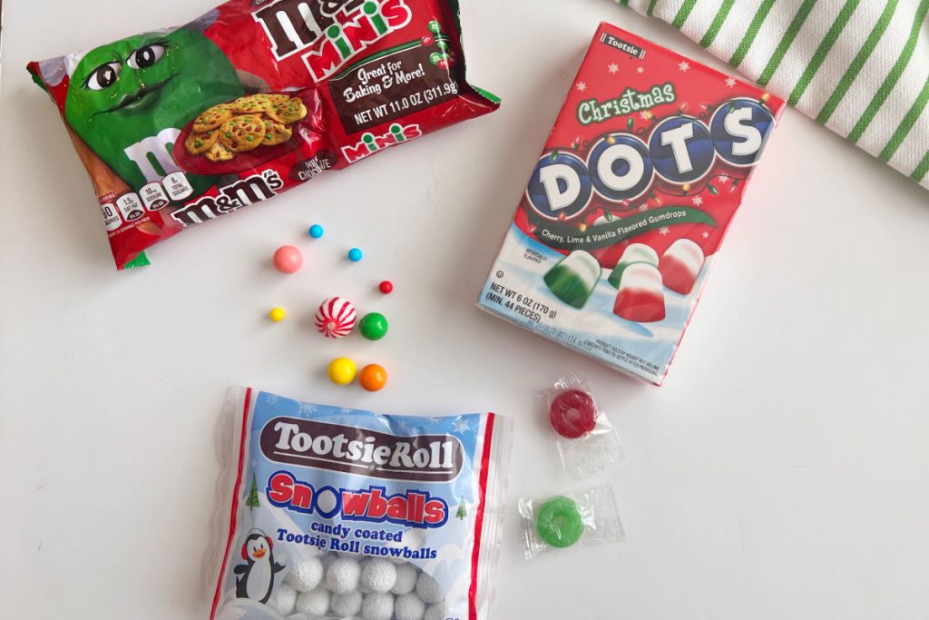 Christmas m&m candy, dots and snowballs candy for decorating