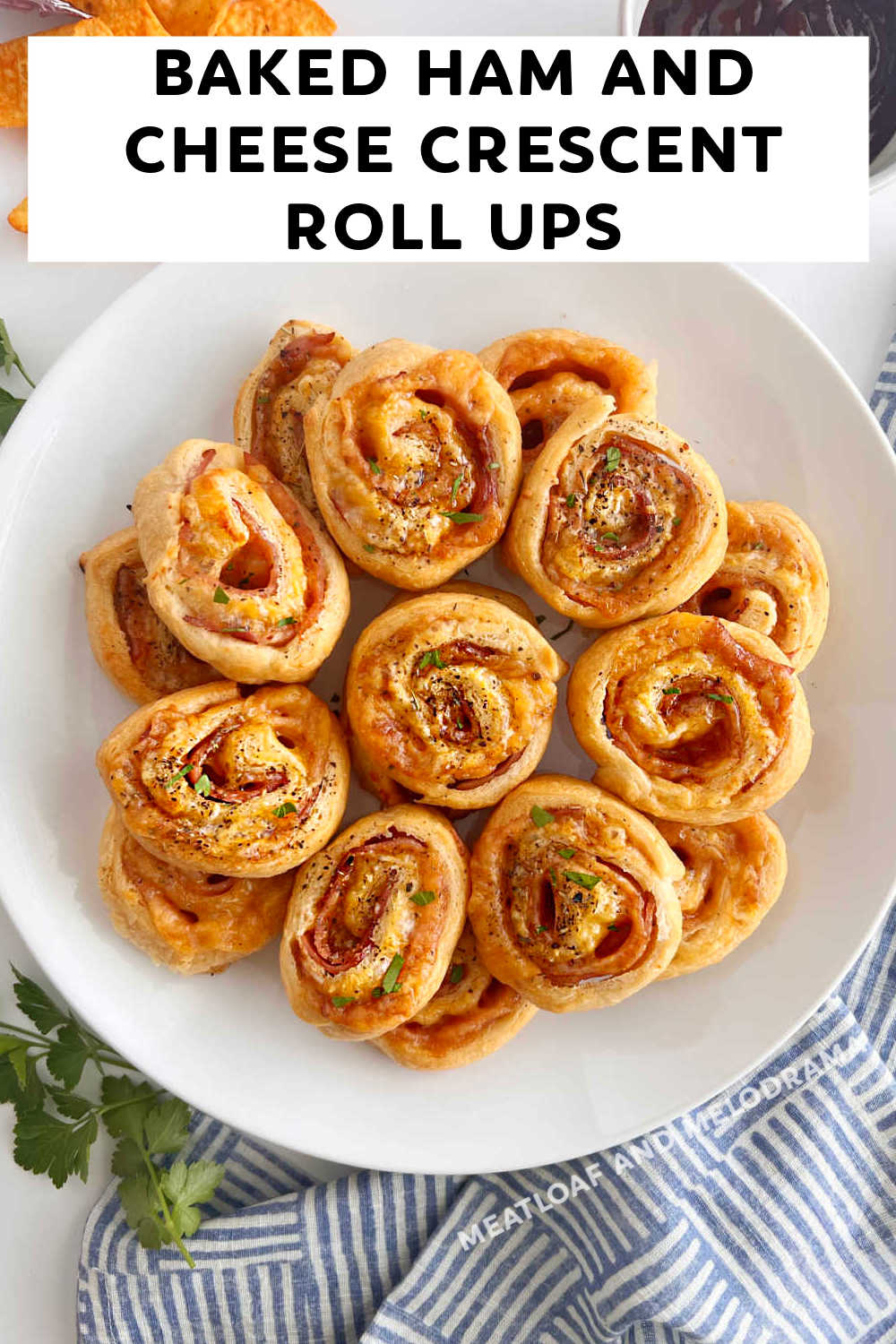 Baked Ham and Cheese Crescent Roll Ups made with crescent rolls and deli ham are perfect for an easy appetizer or game day snack! Your whole family will love these ham and cheese pinwheels! via @meamel