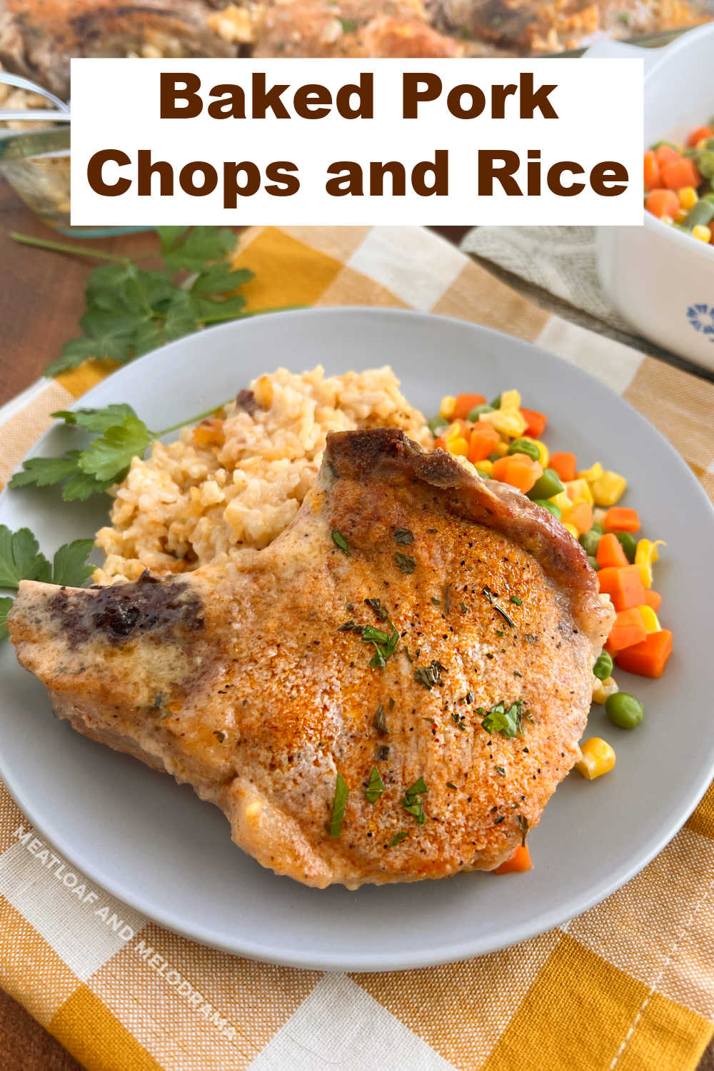 Mom's Baked Pork Chops and Rice is an easy dinner recipe made with tender pork chops and creamy white rice cooked together in one baking dish. This easy recipe is a family favorite that even picky eaters love! via @meamel