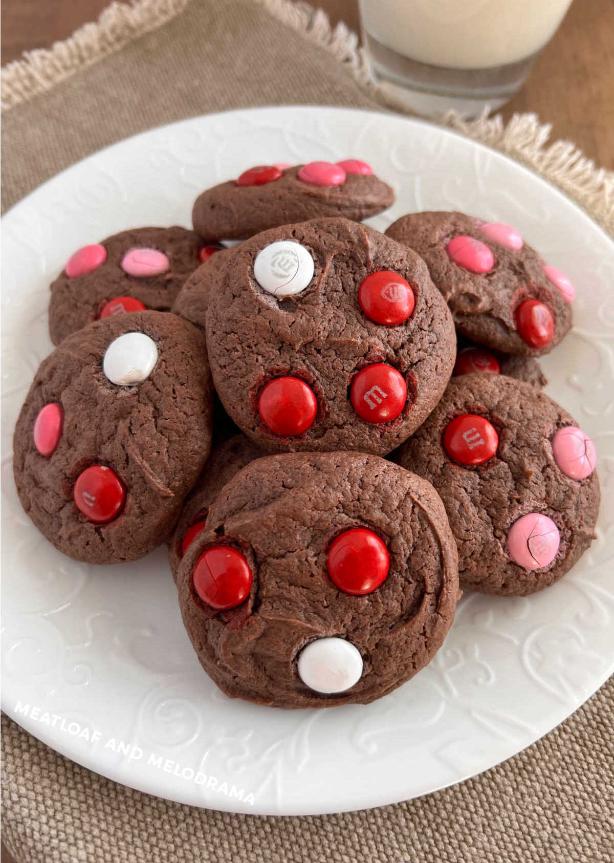 chocolate cake mix cookies with red, white and pink m and m candies