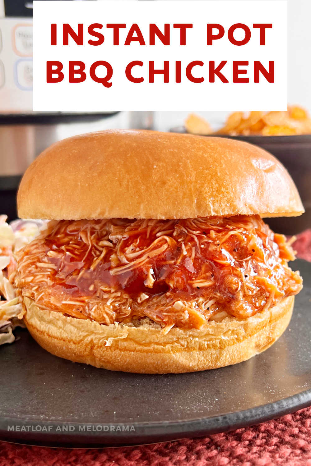 This Instant Pot BBQ Chicken recipe makes easy pulled chicken in the pressure cooker in about 30 minutes. A quick dinner for busy weeknights! Your whole family will love this easy recipe, and it's also perfect for meal prep! via @meamel