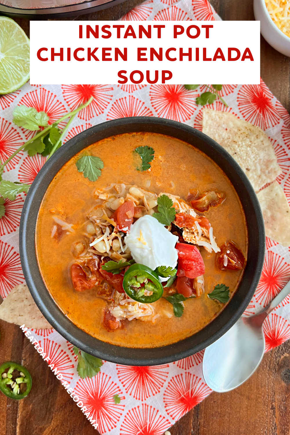 Instant Pot Chicken Enchilada Soup is made with chicken breasts, corn, green chiles and diced tomatoes in a creamy red enchilada sauce. Your whole family will love this delicious and easy chicken soup recipe made in the electric pressure cooker!  via @meamel