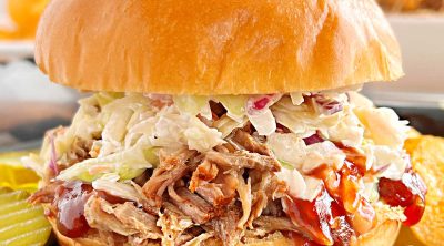 Instant Pot pulled pork sandwich with coleslaw and bbq sauce