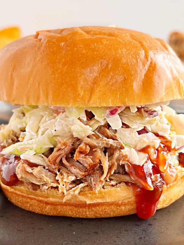 Instant Pot pulled pork sandwich with coleslaw and bbq sauce