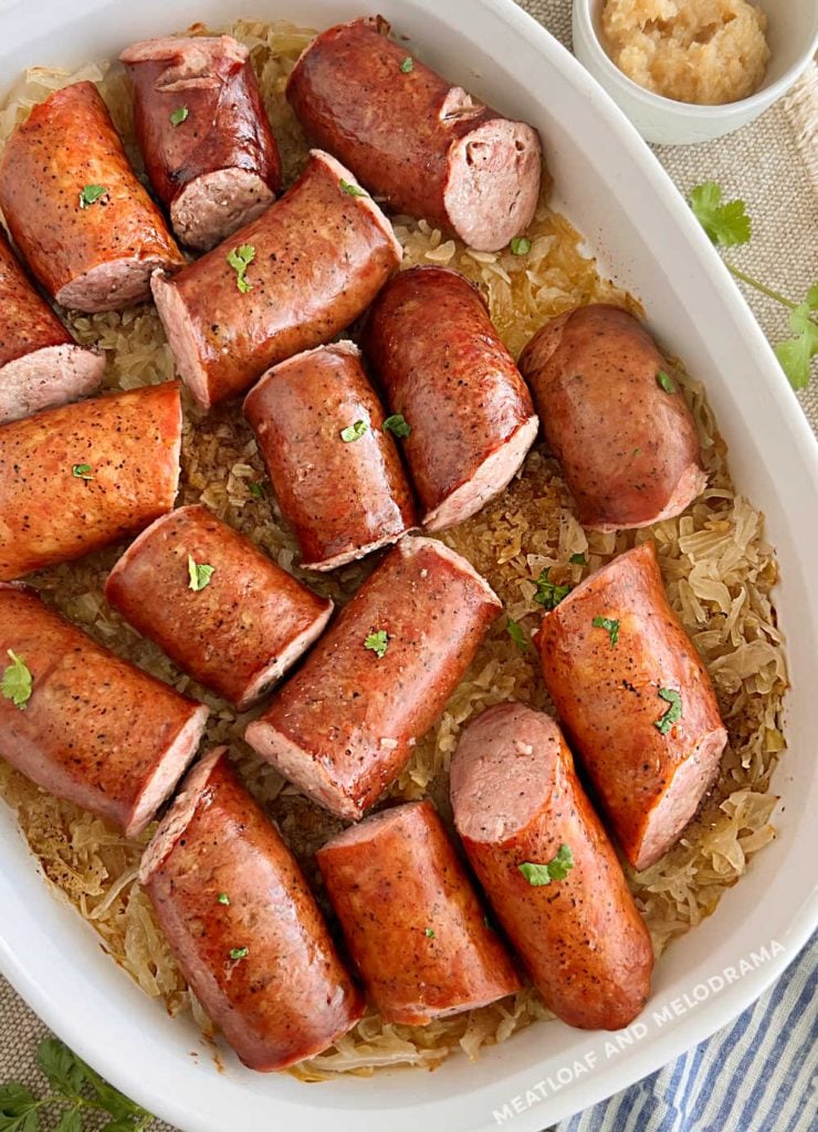 baked Polish kielbasa and sauerkraut on the table