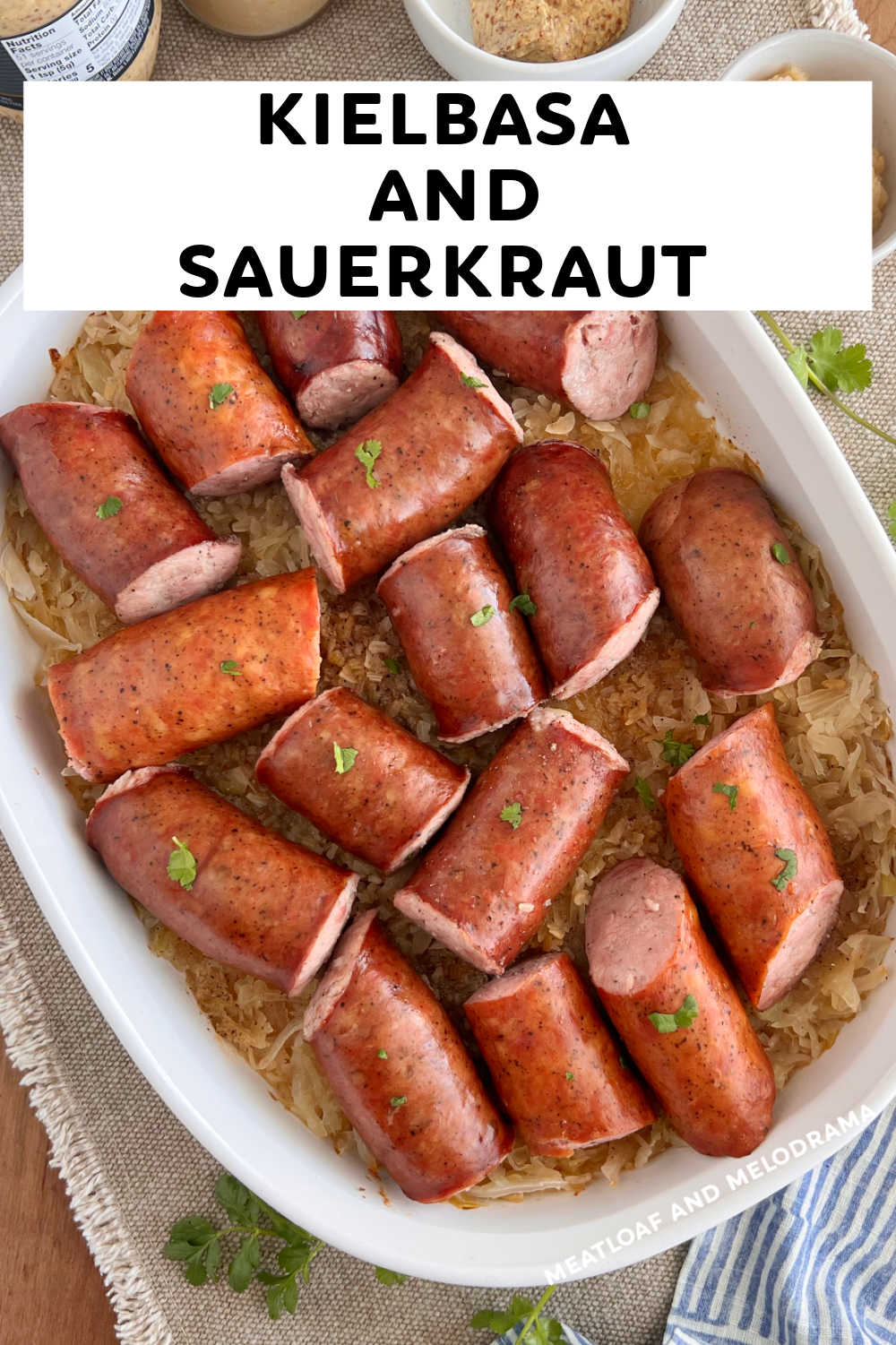 Grandma's Kielbasa and Sauerkraut recipe is an easy dinner made with smoked sausage and seasoned sauerkraut baked until hot and delicious. Your whole family will love this budget friendly meal, and it's easy enough for busy weeknights! via @meamel