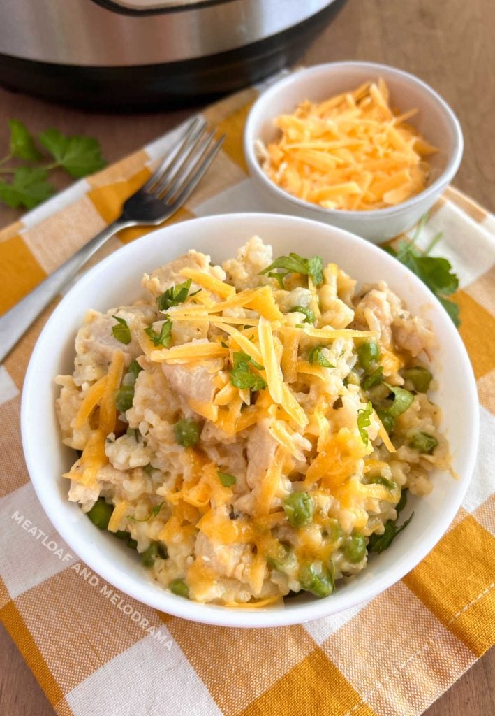 bowl of cheesy chicken and rice next to an instant pot