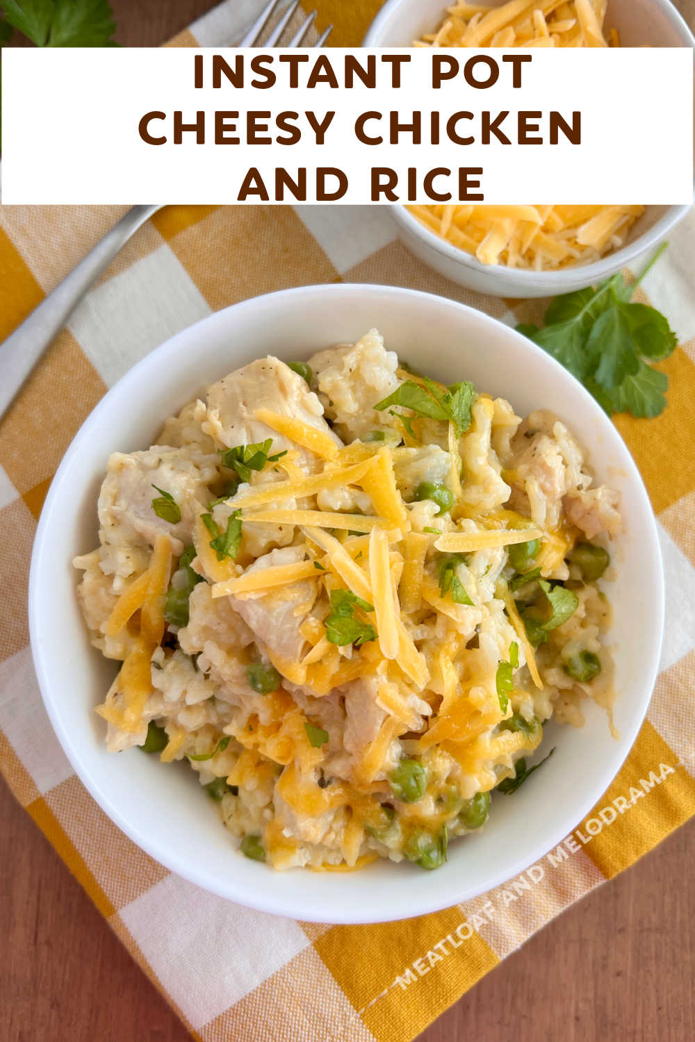 Instant Pot Cheesy Chicken and Rice is a complete meal with creamy chicken, rice, peas and cheese. A one-pot meal the whole family loves! This easy chicken dinner is perfect for busy weeknights!  via @meamel