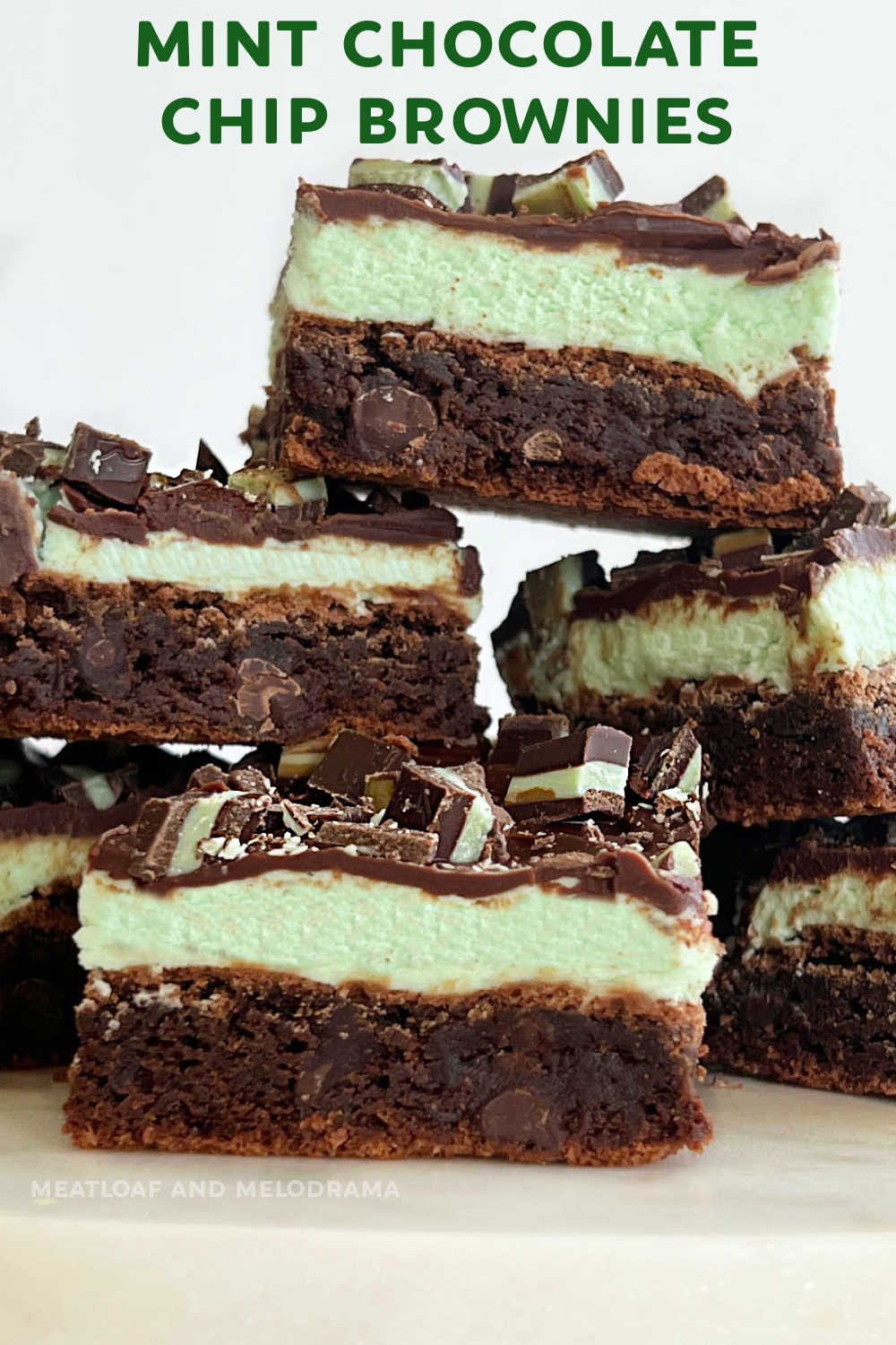 This Mint Chocolate Chip Brownies recipe is made with fudgy brownies topped with mint frosting and a thin layer of chocolate ganache. A delicious dessert for St. Patrick's Day or a sweet treat for the holidays! via @meamel