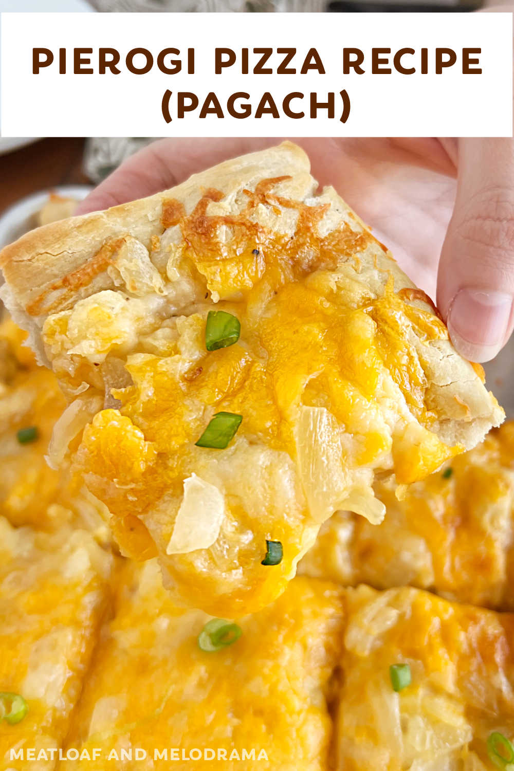 This Pierogi Pizza Recipe (Pagach) is made with pizza dough topped with cheesy potato filling, onions and cheddar cheese. Tastes just like pierogi! This easy recipe is a great way to enjoy the taste of Pittsburgh pierogies without the work! via @meamel