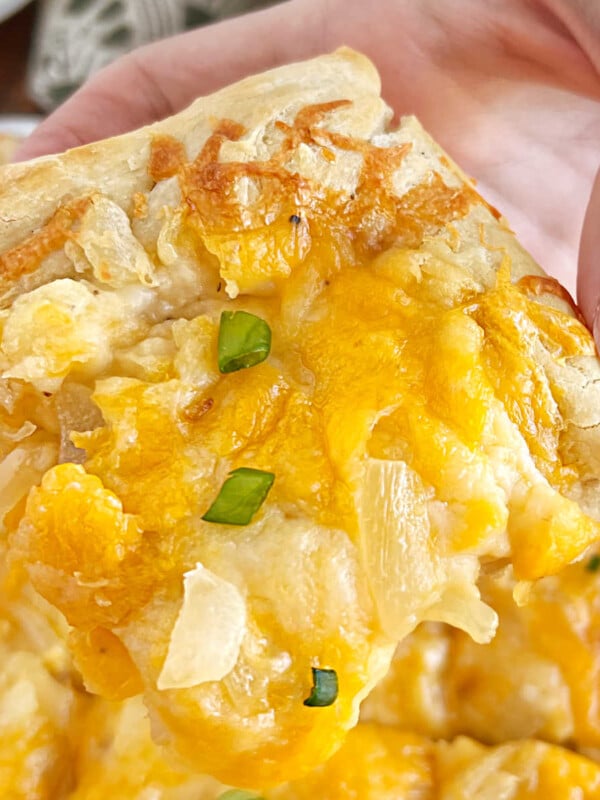 hand holding slice of pierogi pizza (pagach) with cheddar cheese and onions