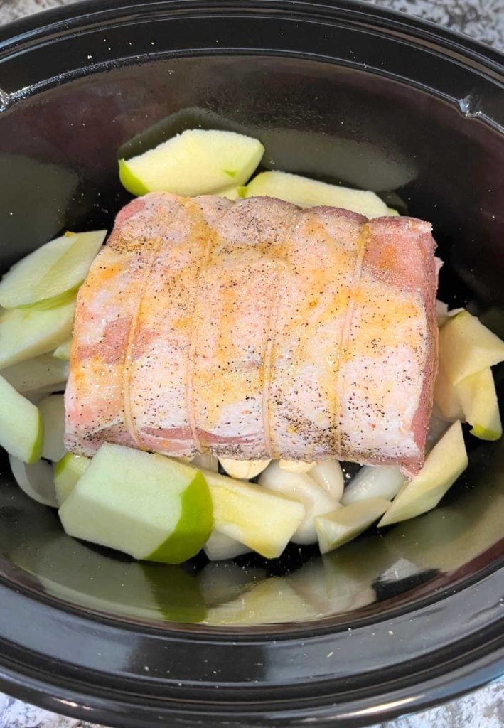 4 pound pork loin roast with dijon and apples and onions in the crock pot