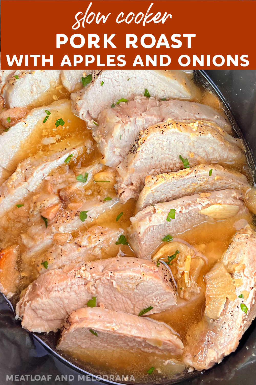 Slow Cooker Pork Roast with Apples and Onions is an easy slow cooker recipe made with tender pork loin roast, apple slices and sweet onions. This delicious crock pot recipe is perfect for busy weeknights or Sunday dinners via @meamel