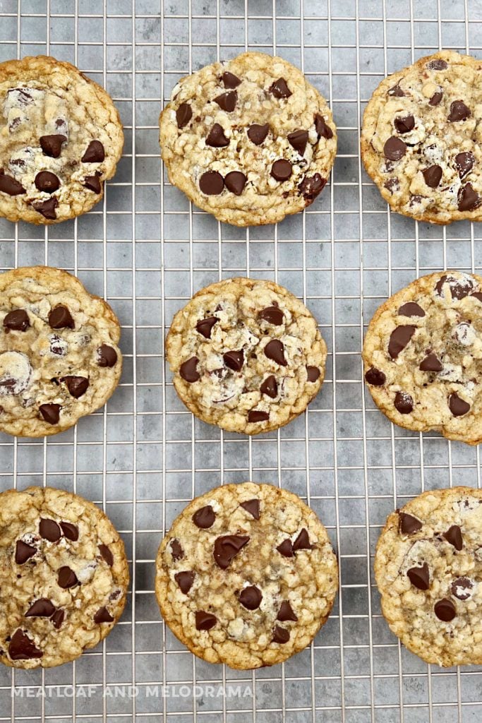 freshly baked oatmeal cookies with chocolate chips on baking rack