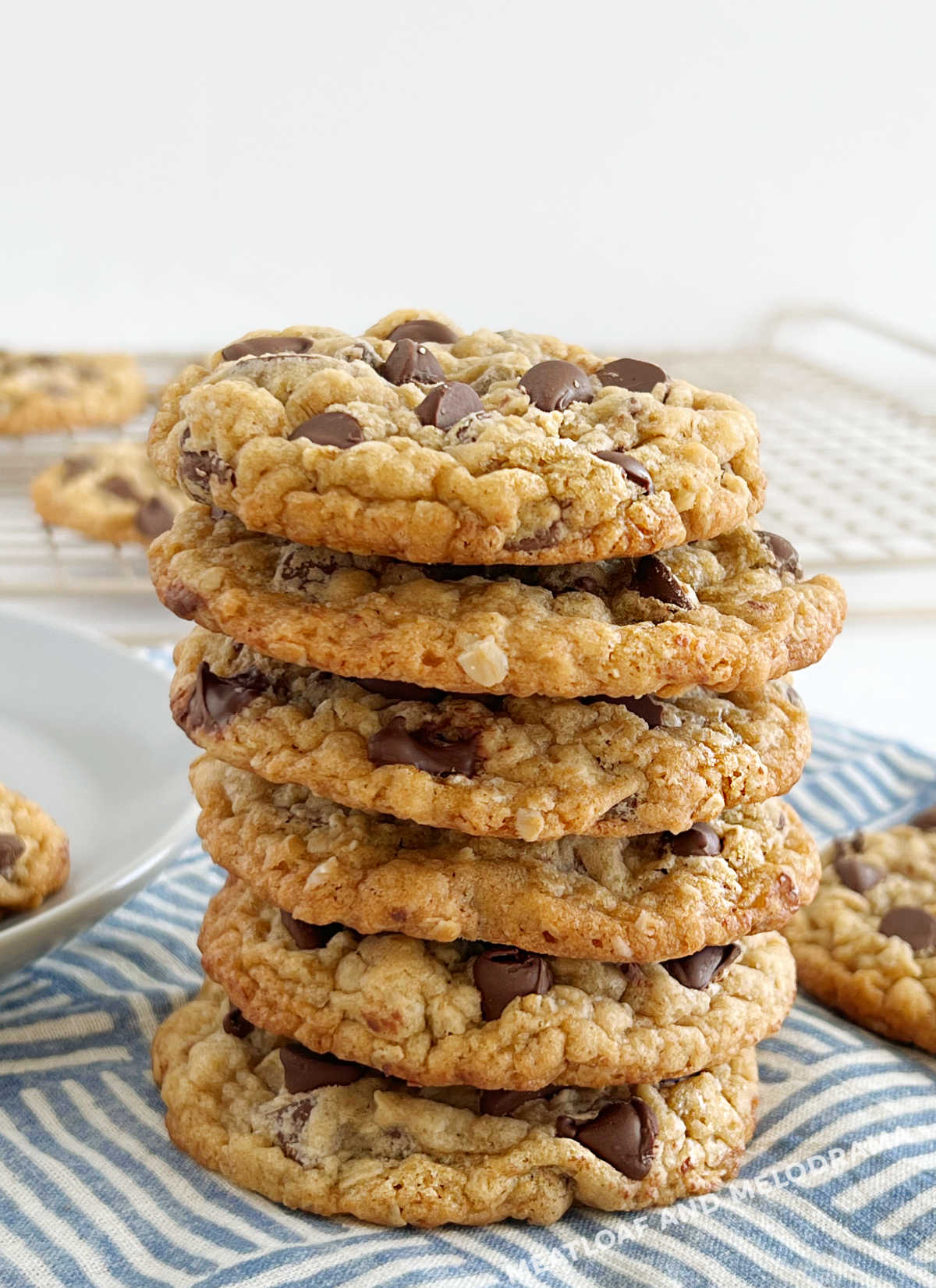 stack of chewy oatmeal chocolate chip cookies on the table