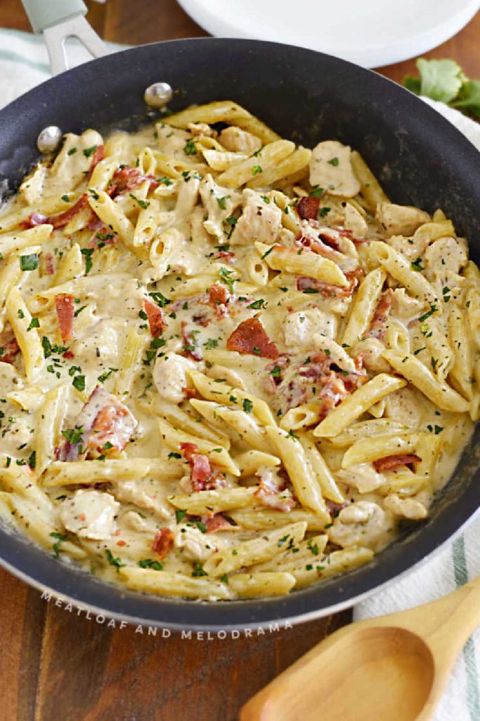 Chicken Bacon Ranch Pasta in a skillet on the table