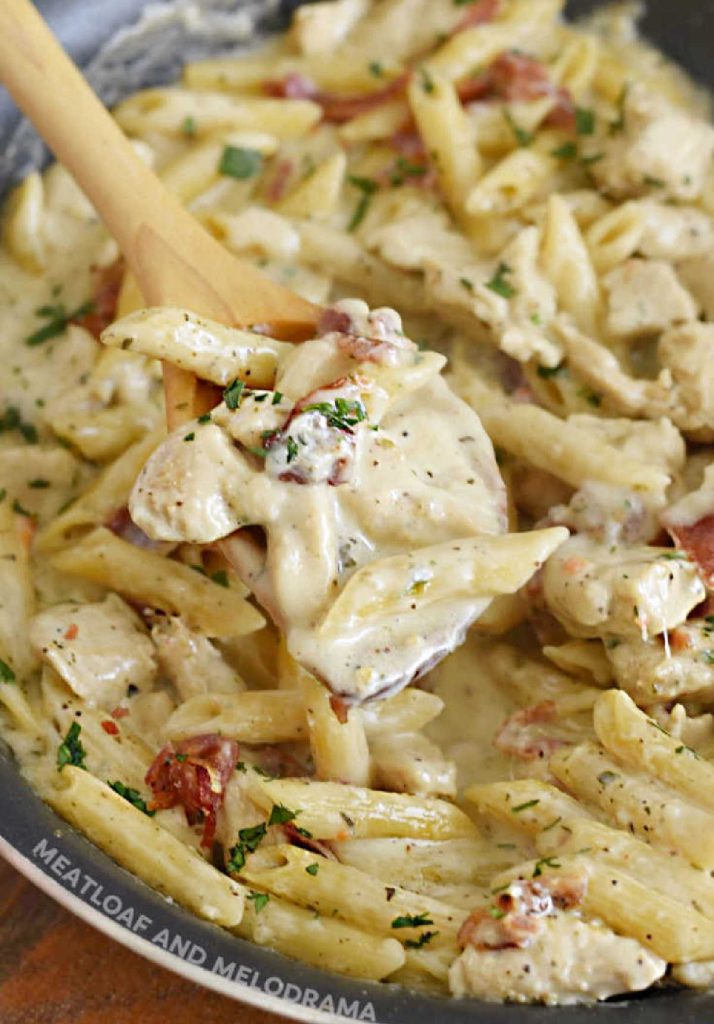 chicken bacon ranch pasta on wooden spoon