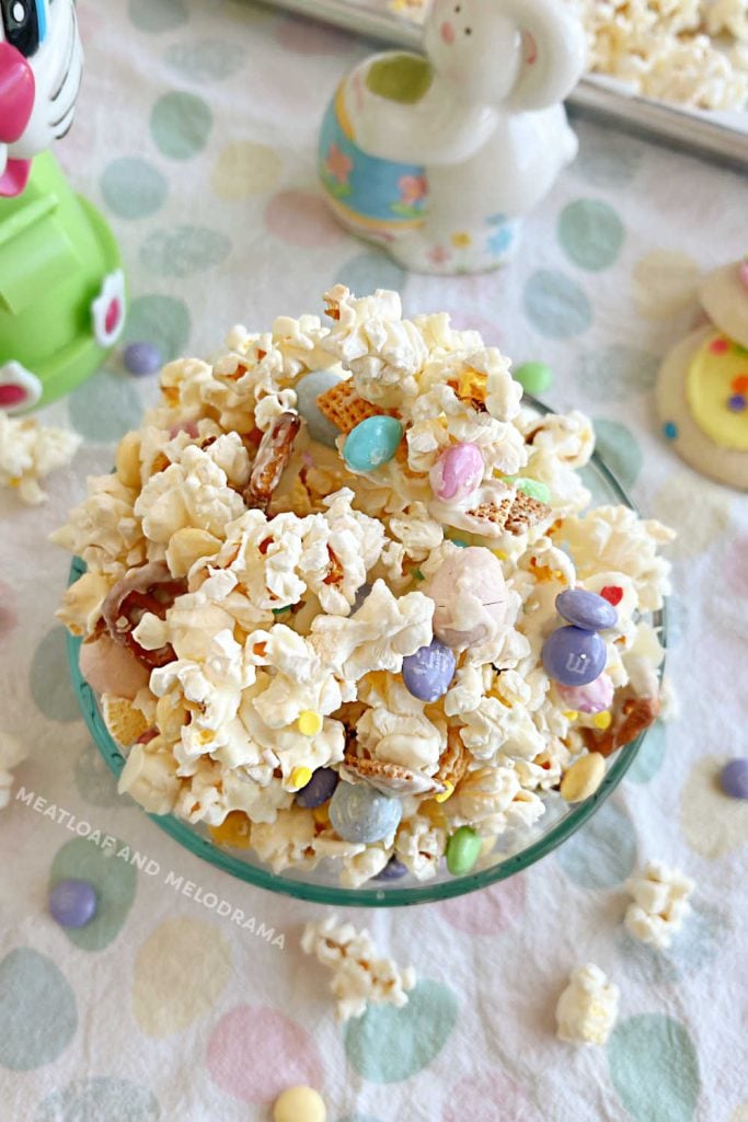 easter bunny chow popcorn snack mix on the table