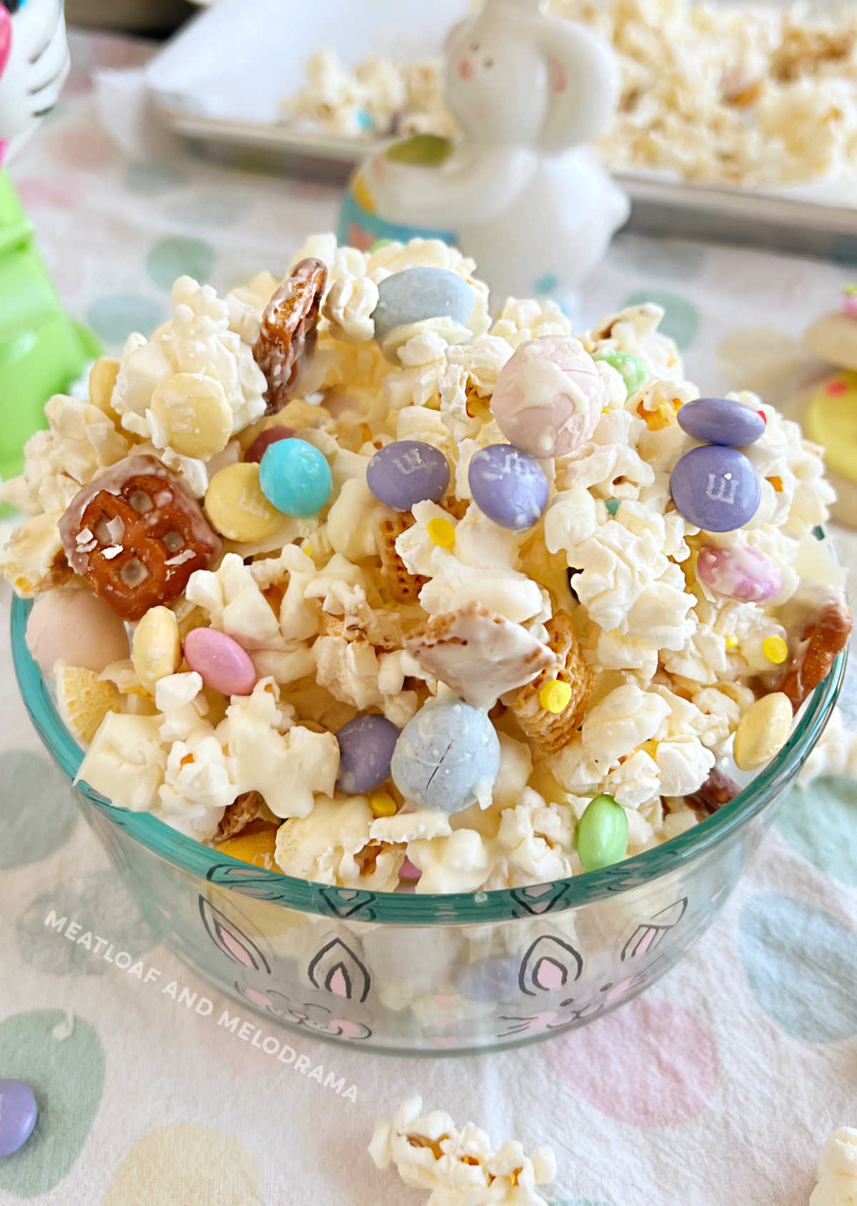 easter bunny bait snack with popcorn and easter candy on the table