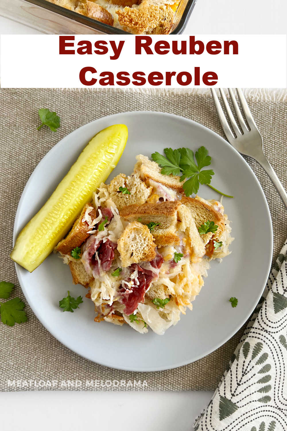 This Easy Baked Reuben Casserole has corned beef, sauerkraut, Swiss cheese, rye bread and creamy dressing. Like the classic sandwich in casserole form! This family favorite is perfect for a quick dinner on St. Patrick's Day and definitely comfort food! via @meamel