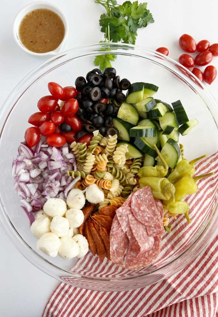 pepperoni pasta salad recipe ingredients in bowl