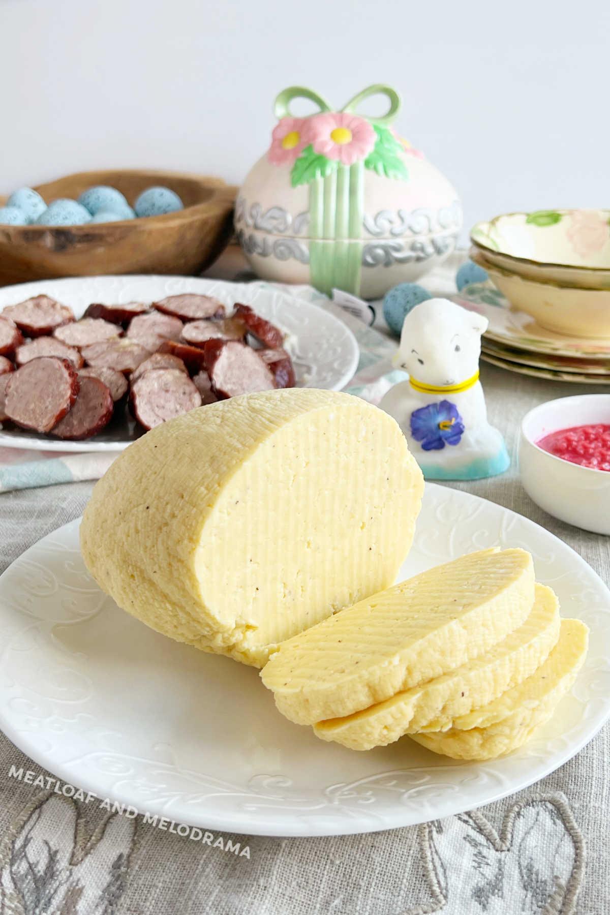 slovak easter cheese (cirac) with kolbassa and beet horseradish on the table