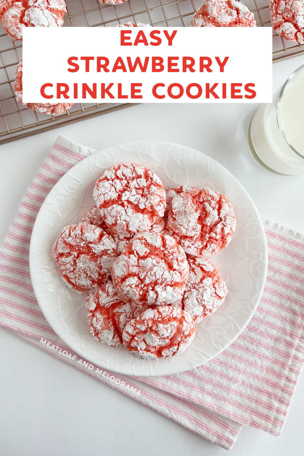 Easy Strawberry Crinkle Cookies made from cake mix and Cool Whip are perfect for Valentine's Day, Easter and spring. This easy cookie recipe makes soft, chewy cookies that taste as good as they look! via @meamel