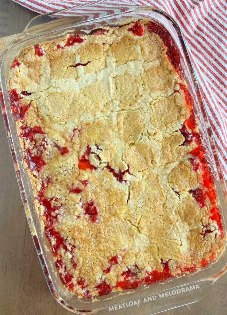 baked strawberry dump cake on the table